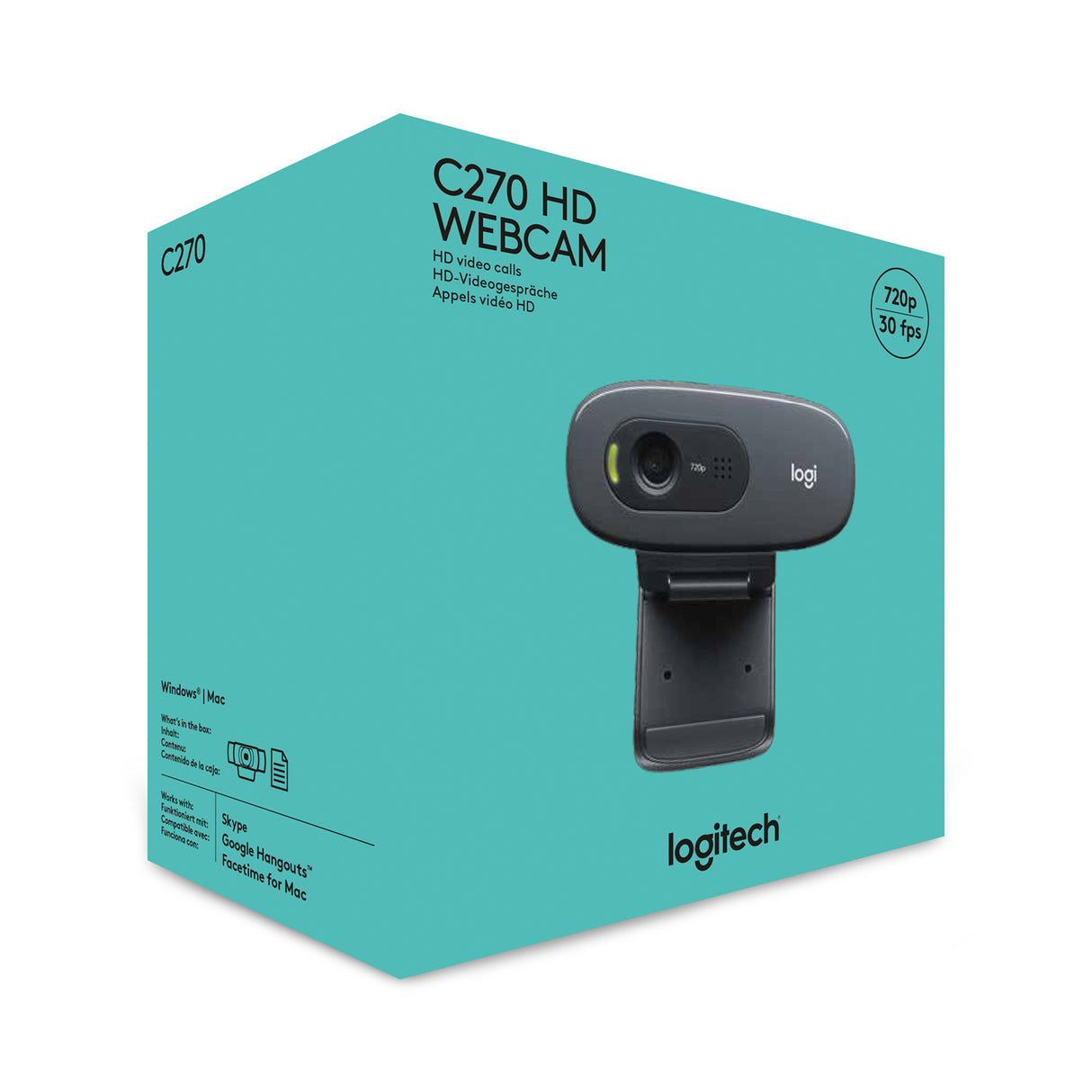 Logitech C270 Webcam HD, HD 720p/30fps, Videochiamate HD Widescreen, Correzione Automatica Luminosità, Microfono Riduzione del Rumore, Skype, FaceTime, Hangouts, WebEx,PC/Mac/Tablet/Chromebook