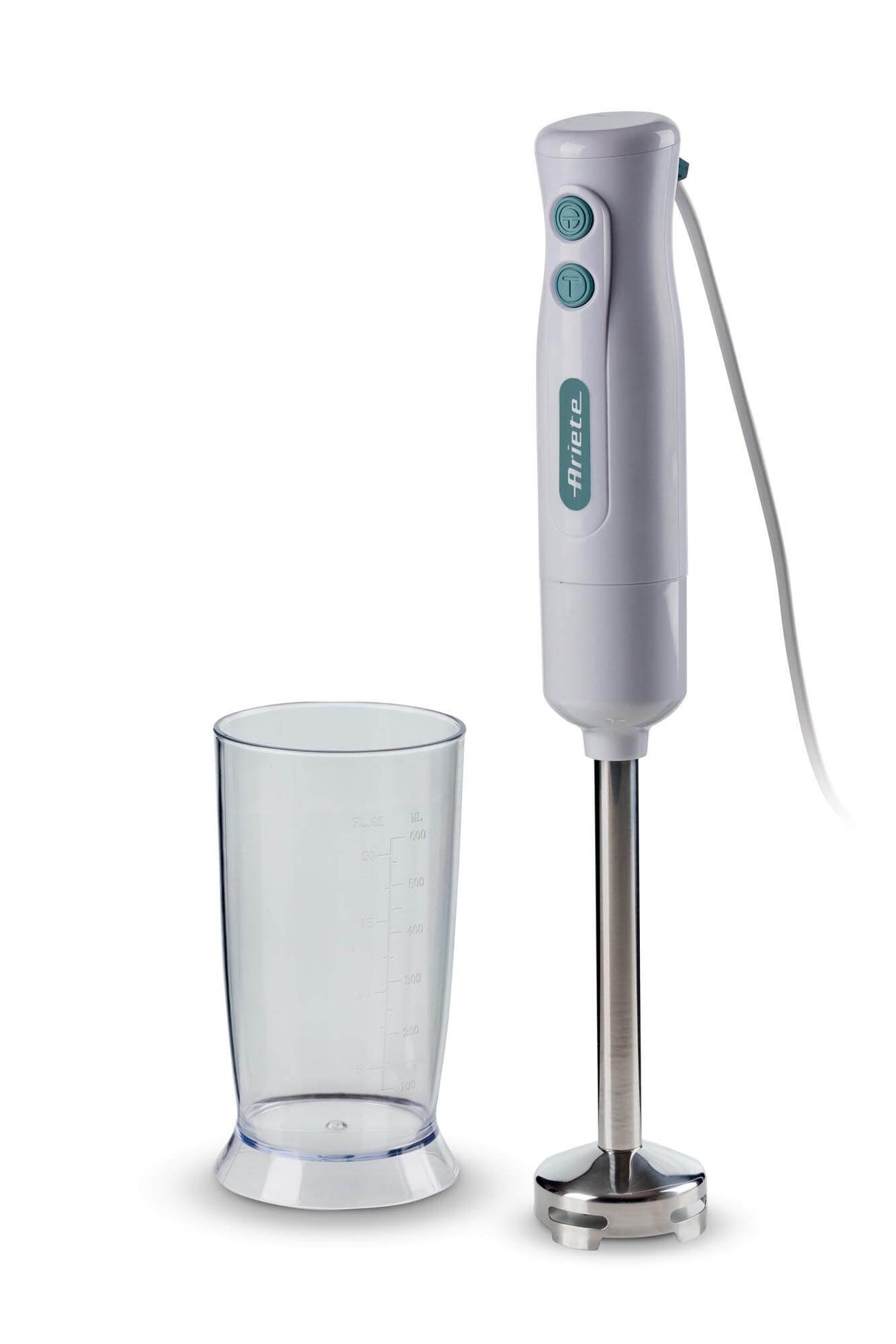 Ariete 601 Frullatore a immersione Breakfast, 700 W, 2 velocità, Lama in acciaio inox, Gamba removibile, Bicchiere trasparente, White & Aegean Teal