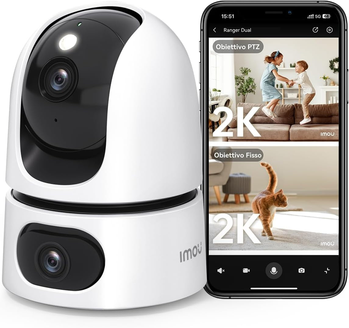 Imou Ranger DUAL 3K(3MP+3MP) Telecamera WiFi Interno con Doppia Lente, 360°PTZ Telecamera da Interno, Rilevamento Umano, Tracciamento Intelligente, Visione Notturna a Colori, Modalità Privata 2,4ghz
