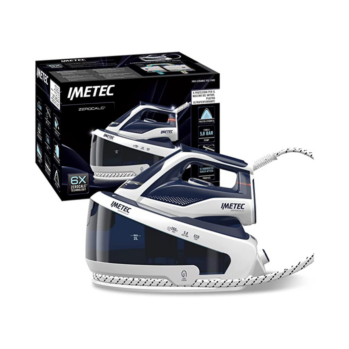 Imetec Sistema Stirante ZeroCalc PRO PS2 2400, Tecnologia Anticalcare, Piastra in Ceramica, 2400 W, Colpo Vapore 260 g