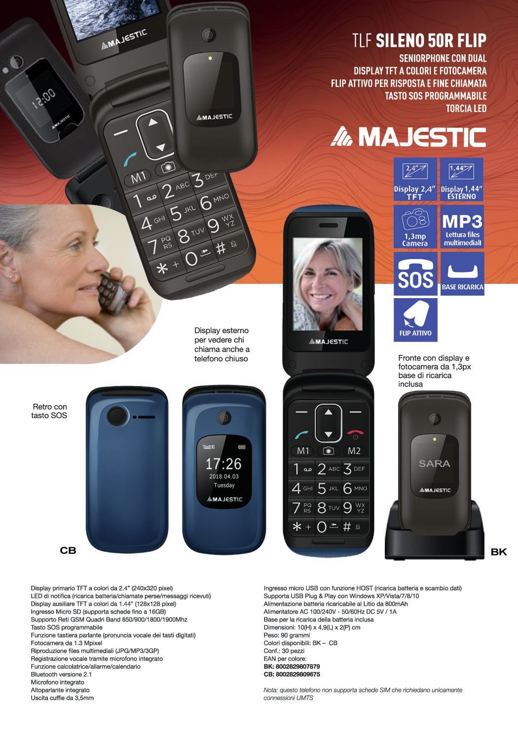 New Majestic Sileno 50R Flip 6,1 cm (2.4") 90 g Nero Telefono per anziani